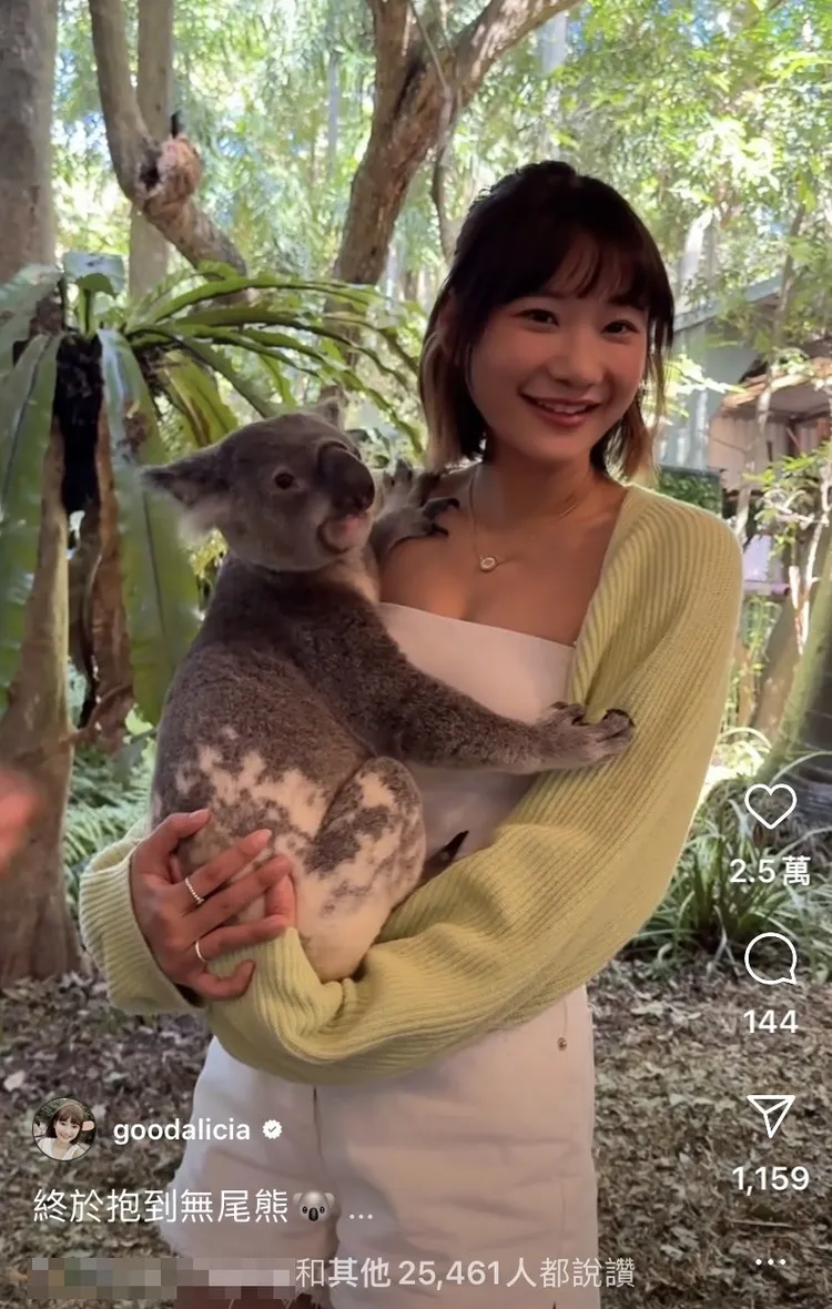 愛莉莎莎在IG上分享自己抱無尾熊的初體驗影片。翻攝《goodalicia》的IG