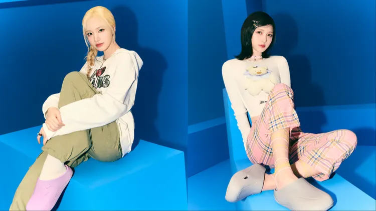 Liz（左）、Gaeul（右）換上Wave Mule 韓系穆勒涼拖鞋。品牌提供