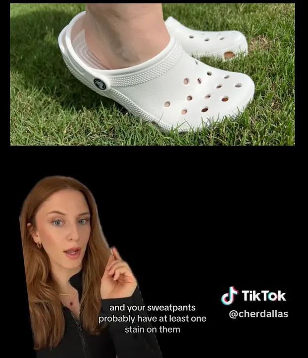 Crocs洞洞鞋，謝爾推測「你在搭機之前沒有洗澡。運動褲上可能至少有一個污漬。」
