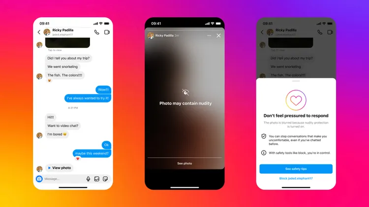經偵測含裸露內容的影像，將自動模糊處理並以警示畫面遮蔽，系統也會跳出提示，讓接收者了解無需回覆，並提供封鎖寄件者、檢舉對話內容的選項。meta提供。