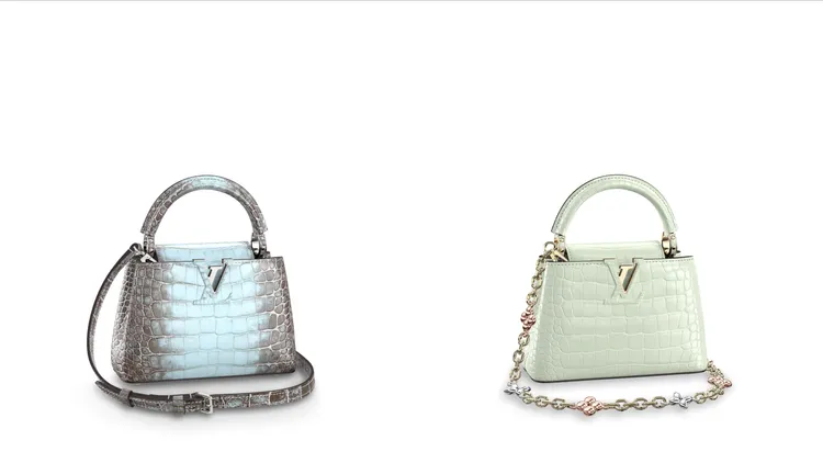 鱷魚皮革飾面沙哈拉天藍CAPUCINES MINI包（左圖） 105萬元、鱷魚皮革飾面碧玉綠色CAPUCINES MINI（右圖）77萬元。品牌提供