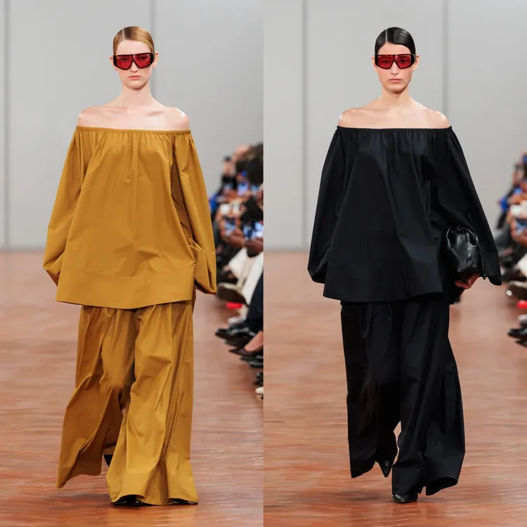 飄逸露肩上衣和寬褲重新演繹傳統的休閒風格。品牌提供