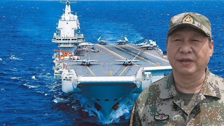 英國外相卡麥隆表示，美英等盟國堅定支持烏克蘭，有助嚇阻中國的軍事野心。合成畫面。背景為中國航母山東艦。資料照片