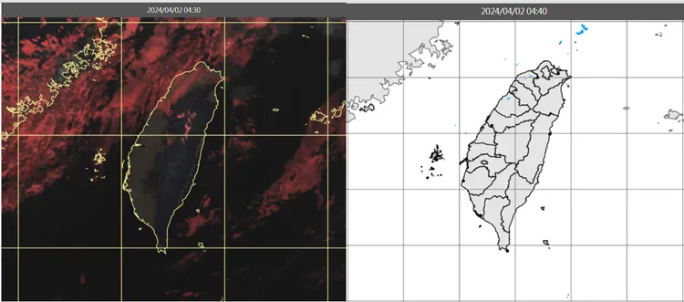 今日清晨4：30真實色雲圖顯示，台灣海峽有低雲或霧（左）；4：40雷達回波合成圖顯示，無降水回波（右）。（圖／氣象應用推廣基金會）