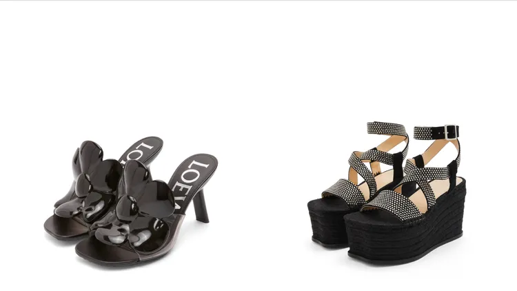 Petal黑色花朵造型涼鞋（左）4萬5000元、Petal黑色綠編織厚底涼鞋（右）4萬5000元。品牌提供