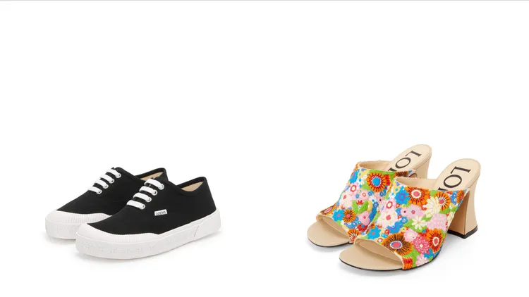 黑色帆布綁帶運動鞋（左）2萬4000、花卉刺繡編織高跟涼鞋（右）4萬1000元。品牌提供