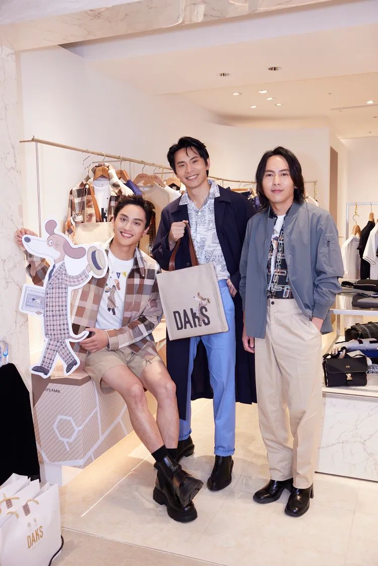 范少勳（左起）、姚淳耀、巫建和今日現身DAKS全台首家男裝形象櫃開幕活動。品牌提供