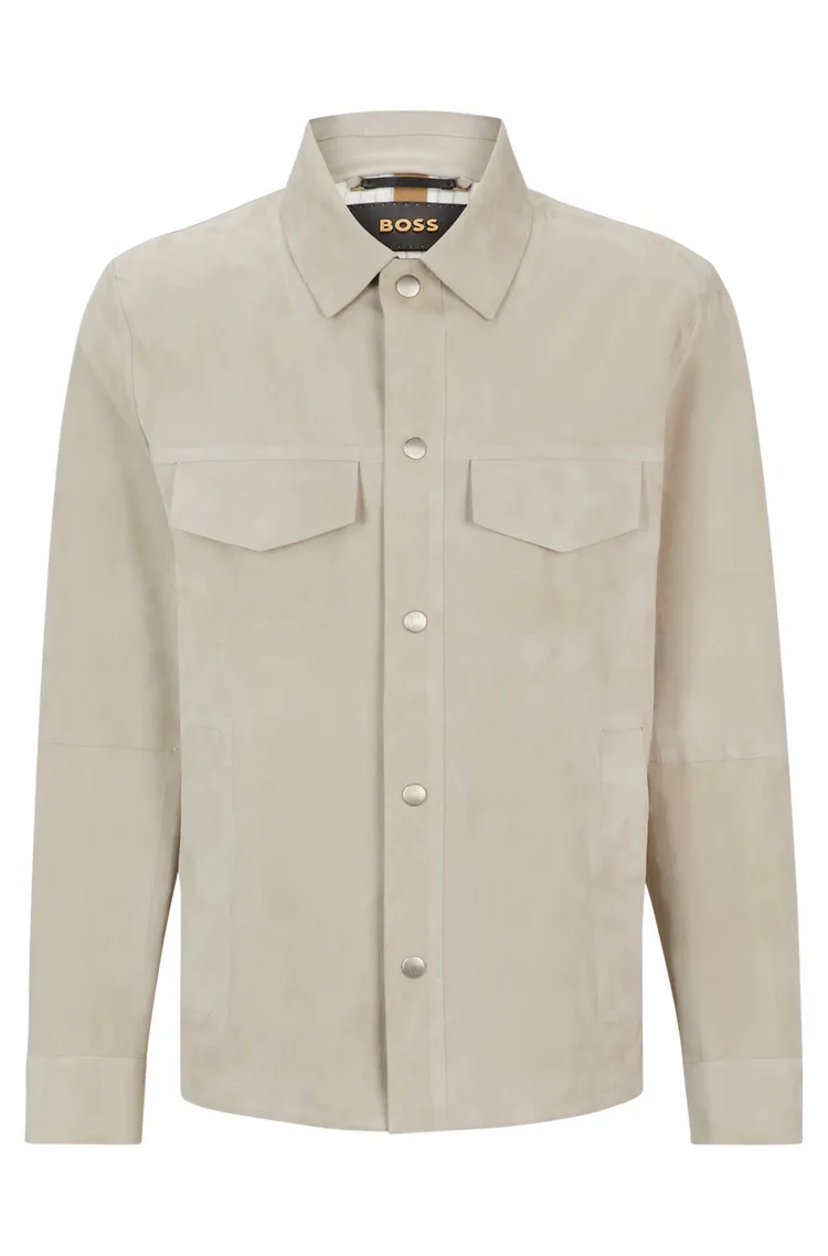 BOSS頂級系列米色羊麂皮襯衫式，10萬1000元。品牌提供