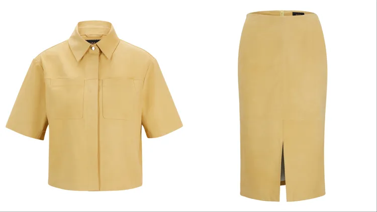 BOSS頂級系列淡黃色麂皮上衣6萬1900元、淡黃色麂皮及膝裙5萬2900元。品牌提供