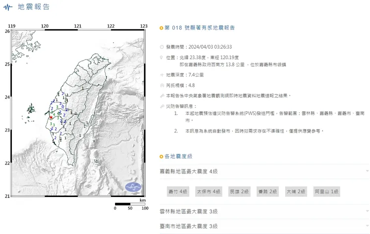 第18號顯著有感地震報告。取自氣象署