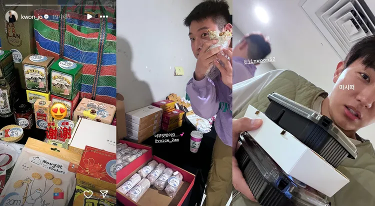 趙權（左圖起）在IG感謝粉絲的食物應援，珍雲、瑟雍都吃得津津有味。翻攝趙權、珍雲、瑟雍IG