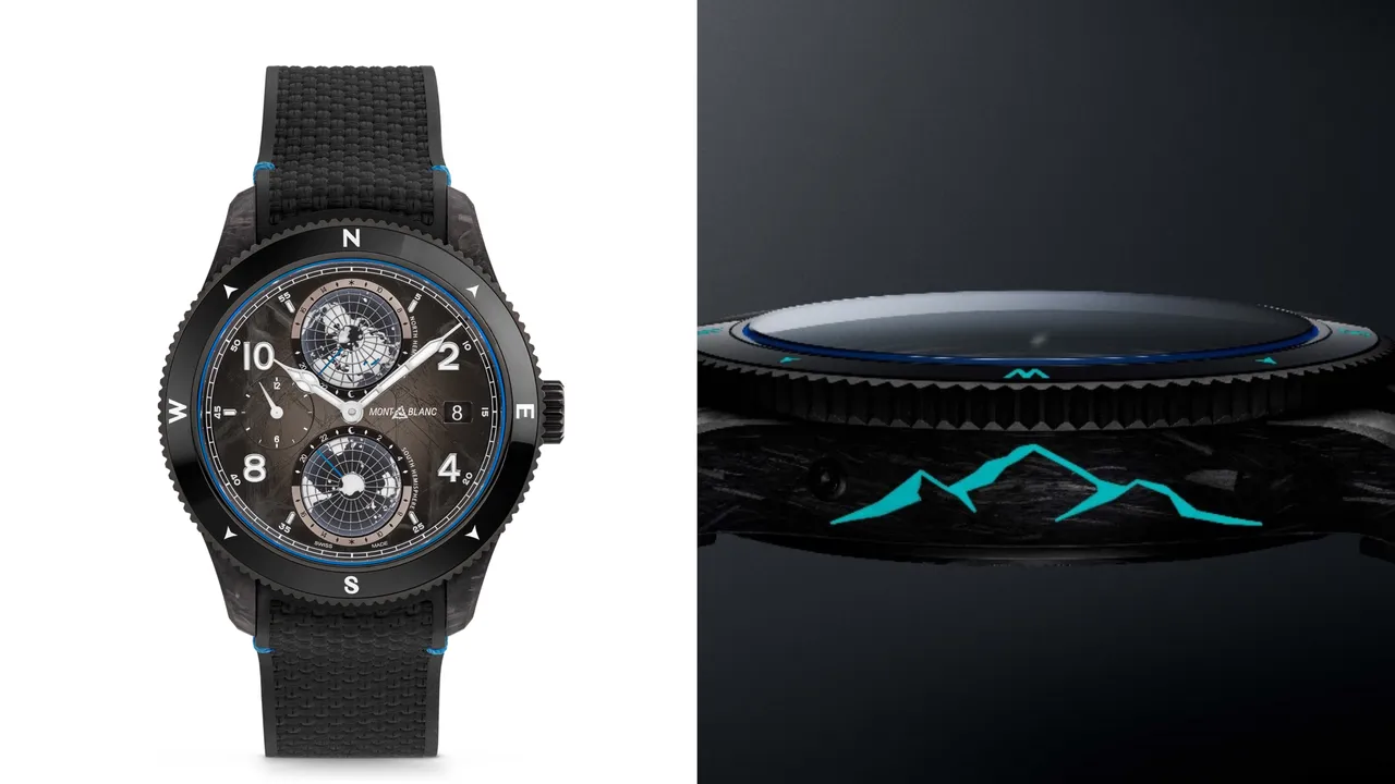 萬寶龍1858系列Geosphere世界時間零氧腕錶CARBO2限量款1969,43.5mm,CARBO2纖維錶殼,黑白色暈染冰河圖案錶盤,黑色繩紋紡織錶帶,MB 29.25自動上鍊機芯,動力儲存42小時,防水深度100米,限量1969只,29萬9100元。品牌提供