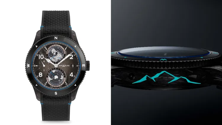 萬寶龍1858系列Geosphere世界時間零氧腕錶CARBO2限量款1969，43.5mm，CARBO2纖維錶殼，黑白色暈染冰河圖案錶盤，黑色繩紋紡織錶帶，MB 29.25自動上鍊機芯，動力儲存42小時，防水深度100米，限量1969只，29萬9100元。品牌提供