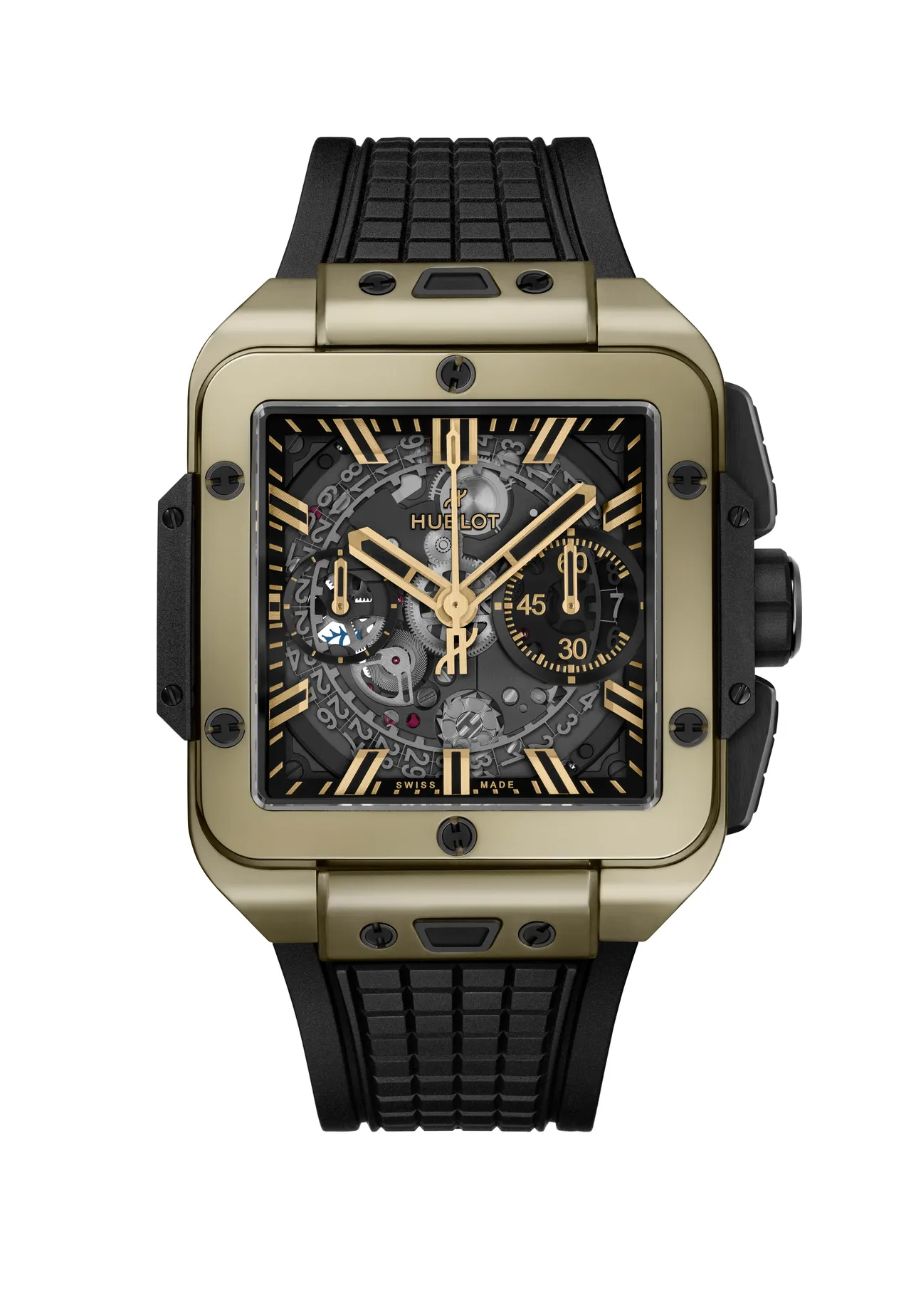 宇舶Square Bang Unico魔力金計時碼錶,42mm,緞面及拋光魔力金錶殼,黑色鉚釘顆粒橡膠錶帶,HUB1280自動上鍊飛返計時導柱輪機芯,動力儲存72小時,防水深度100米,限量200只,132萬1000元。品牌提供