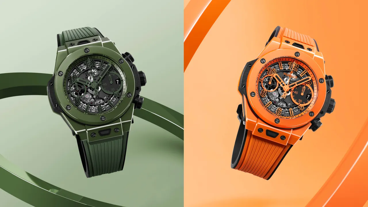 宇舶Big Bang Unico Orange傲視橘/墨事綠陶瓷計時碼錶,42mm,緞面及拋光橘/綠陶瓷錶殼,橘色/綠色立體橡膠錶帶,HUB1280自動上鍊飛返計時導柱輪機芯,動力儲存72小時,防水深度100米,各限量250只,橘色款91萬4000元、綠色款74萬4000元。品牌提供