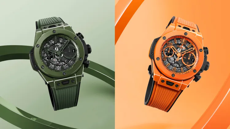 宇舶Big Bang Unico Orange傲視橘/墨事綠陶瓷計時碼錶，42mm，緞面及拋光橘/綠陶瓷錶殼，橘色/綠色立體橡膠錶帶，HUB1280自動上鍊飛返計時導柱輪機芯，動力儲存72小時，防水深度100米，各限量250只，橘色款91萬4000元、綠色款74萬4000元。品牌提供