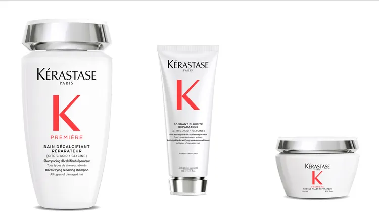 巴黎卡詩白鑽升肽重建系列（左起）髮浴250ml／1600元、髮乳200ml／1700元、髮膜200ml／3000元。品牌提供