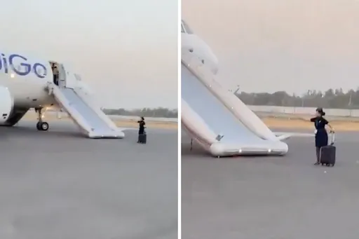 全被拍下...炸彈威脅緊急疏散　空姐竟拖「整個行李箱」溜滑梯