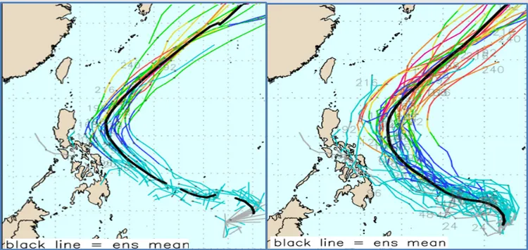 最新(20日20時)歐洲(ECMWF)系集模式(左圖)及美國(GEFS)系集模式(右圖)皆模擬，未來一週至10天，在菲律賓東方海面有「熱帶擾動」發展的機率。氣象應用推廣基金會