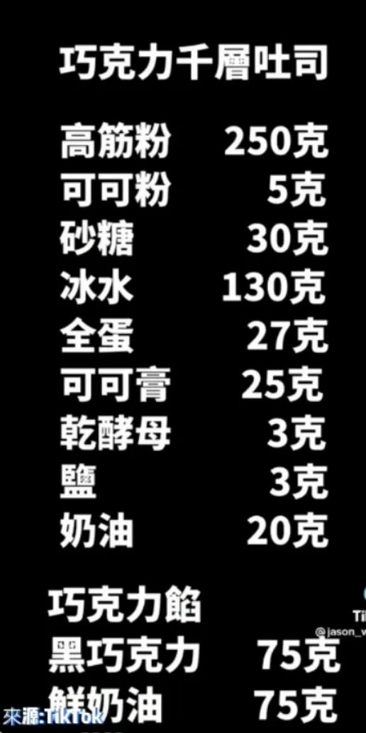 千層巧克力吐司準備食材清單。TikTok@jason_wu6666 提供