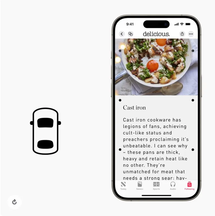 「車輛移動提示」是 iPhone 和 iPad 的全新體驗，有助於減少行駛車輛中乘客的暈車症狀。蘋果提供。
