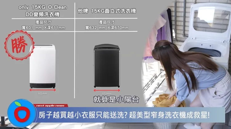 ▲ 與同是15公斤它牌洗衣機相比，體積明顯更加輕巧。