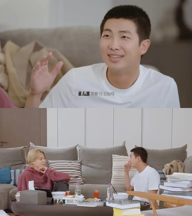 RＭ（上圖）表示原本要跟J-HOPE一起當兵，看到同齡的對方入伍後想了很多。翻攝YouTube