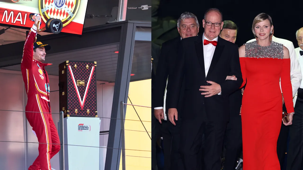 「F1天菜」摩納哥一級方程式車手Charles Leclerc（左圖），在摩納哥大獎賽中打破主場魔咒奪得分站冠軍，獎盃被裝在LV的訂製硬箱中；摩納哥夏琳親王妃（右圖右）當天觀賽、出席晚宴也都身著LV的訂製服裝。品牌提供