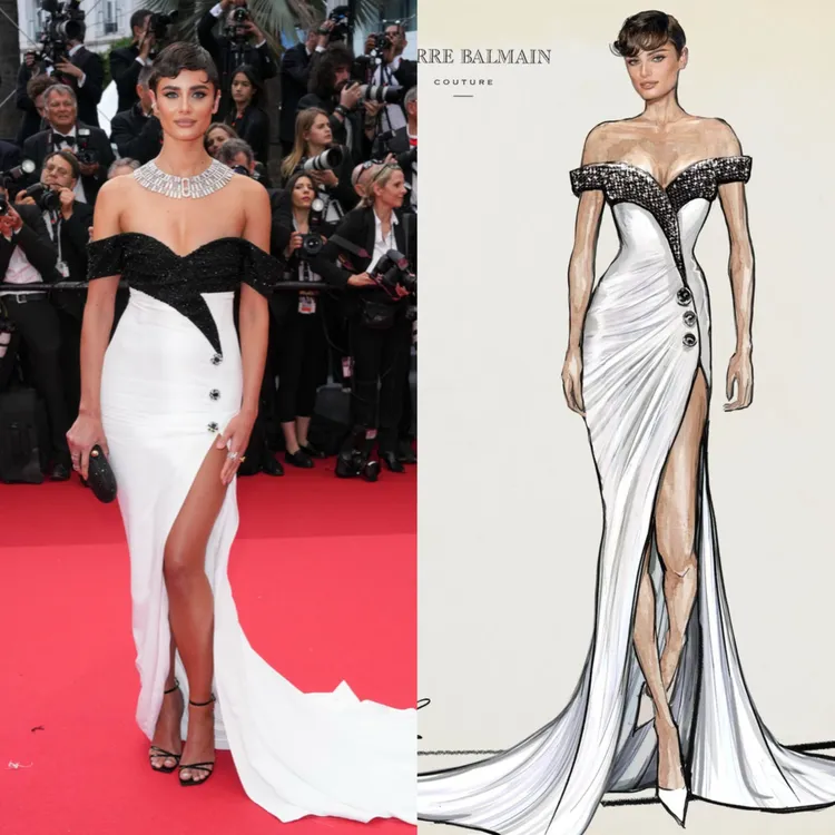 BALMAIN訂製低胸禮服將傳統燕尾服變奏成柔美裙裝。左圖美聯社、右圖品牌提供