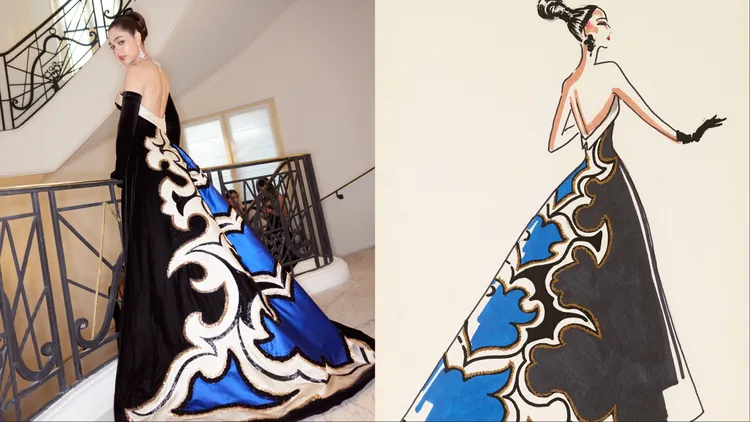 禮服以巴洛克圖案亮片刺繡細節點綴出華麗風格。品牌提供