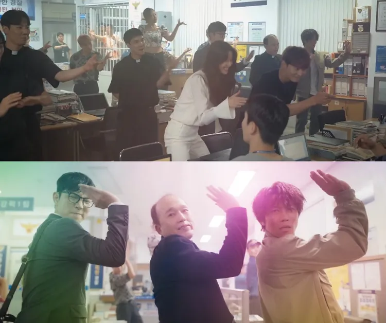 劇中過世的神父是aespa粉絲，所有人大跳《Next Level》，周元和權娜拉（上圖）原本不用跳，彩排時被花絮攝影機捕捉到，導演直接拿來用。翻攝friDay影音