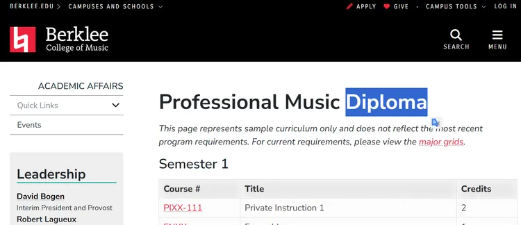 美國伯克利音樂學院的「專業文憑」學程必須上8學期課程。翻攝Berklee College of Music