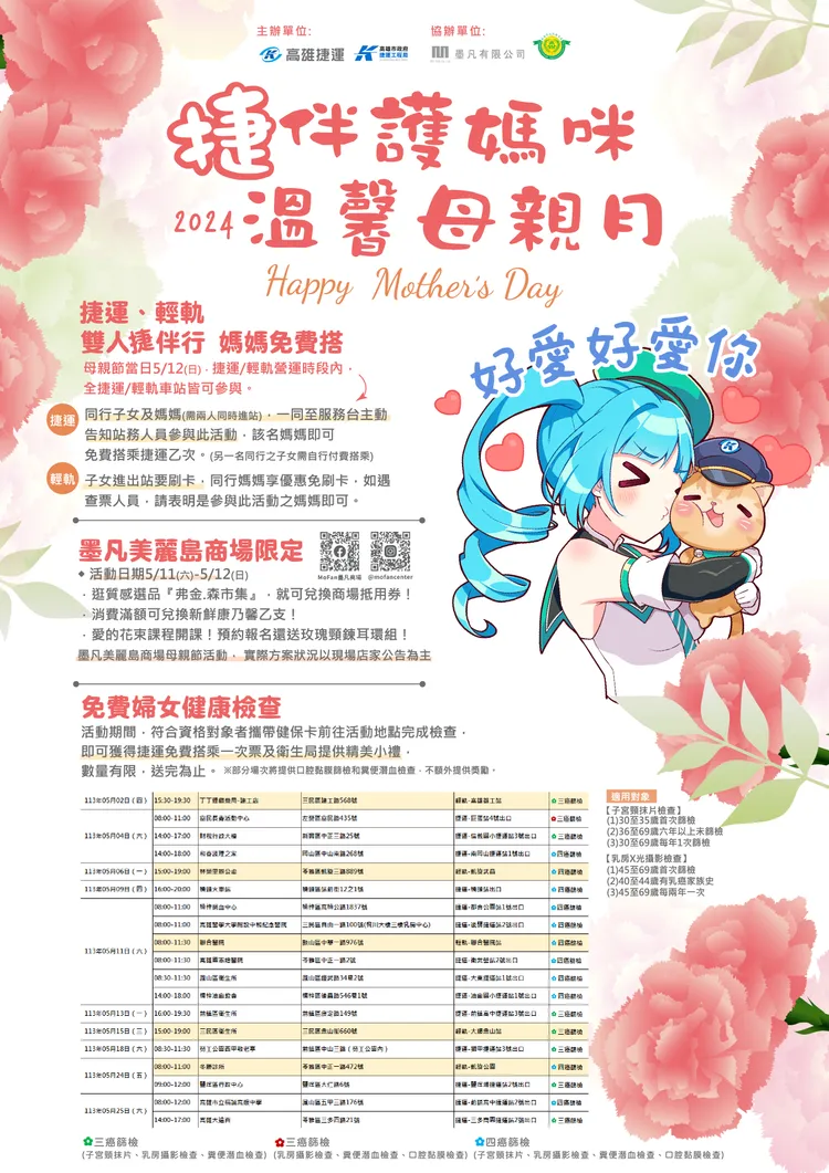 /12(日)母親節當日，子女與媽媽同行進出站搭乘捷運或輕軌，媽媽即享不限里程免費搭乘優惠。高捷提供