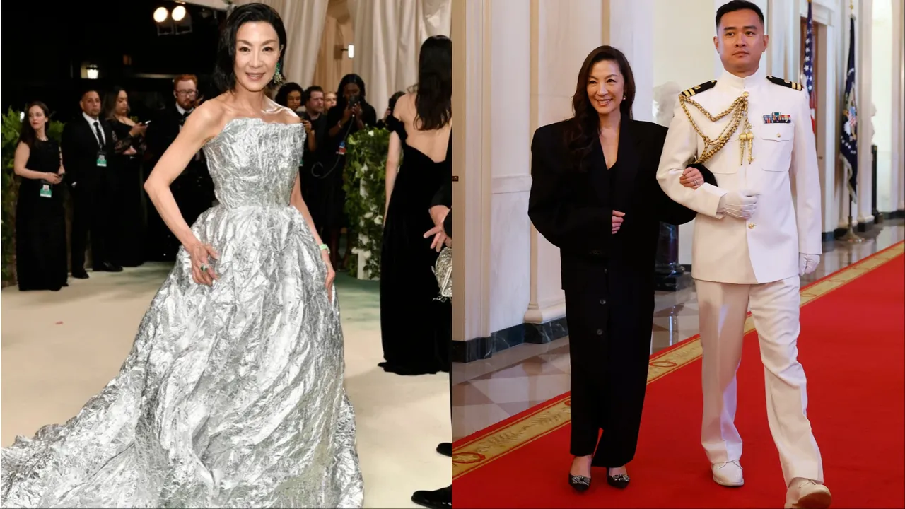 楊紫瓊（左圖、右圖左）近日頻頻亮相於鏡頭前。左圖美聯社、右圖品牌提供