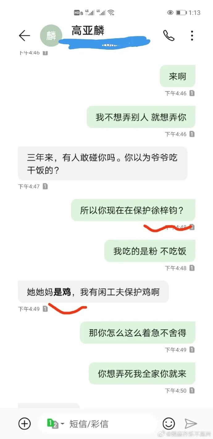 魏嘉曬對話紀錄，當中疑似高亞麟稱徐梓鈞是雞。翻攝魏嘉微博