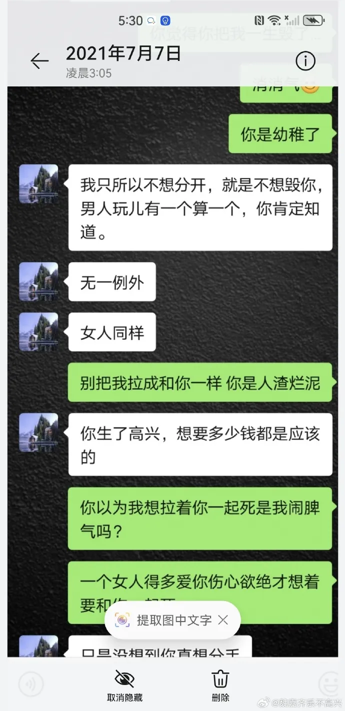 魏嘉曬對話紀錄，當中疑似高亞麟稱男人本性愛玩。翻攝魏嘉微博