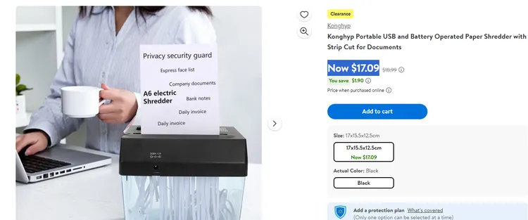 美國電商Walmart+同款碎紙機的售價是17.09美元（約台幣554元），產地是中國廣州。翻攝Amazon/Konghyp Portable USB and Battery Operated Paper Shredder with Strip Cut for Documents