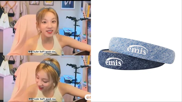 雨琦直播時曾經配戴emis牛仔髮箍。左圖翻攝HelloTwinkle小紅書、右圖品牌提供