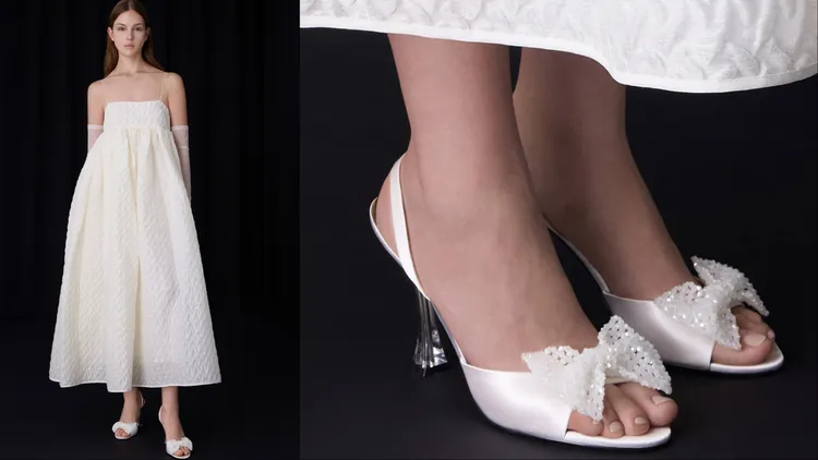 蝴蝶結結合串珠工藝鑲於跟鞋上。品牌提供