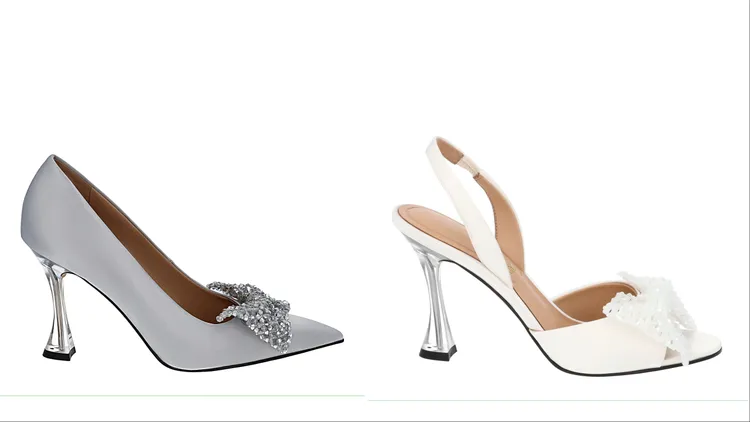 串珠蝴蝶結高跟鞋（左）3690元、串珠蝴蝶結魚口高跟鞋（右）3590元。品牌提供