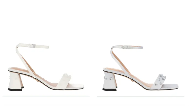 水晶緞面繞踝粗跟涼鞋，各2990元。品牌提供