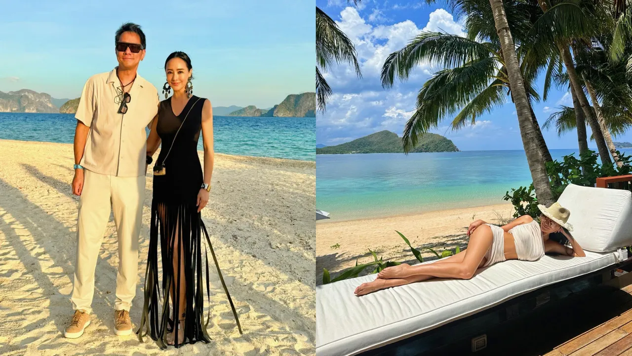 關穎（左圖右、右圖）和老公朱志威日前前往菲律賓，參加香港商人林建岳女兒林恬兒的10周年結婚紀念派對。關穎提供