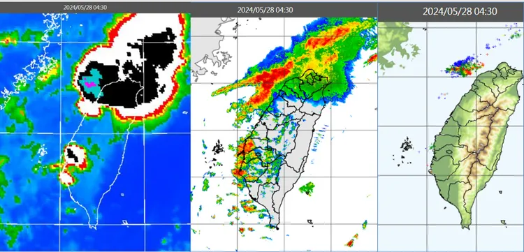 今(28日)晨4：30紅外線雲圖(左圖)顯示，西北部近海對流雲系逼近中，伴隨線狀對流回波(中圖)及閃電(右圖)，屬中尺度系統的「颮線」。氣象應用推廣基金會