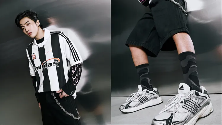 婁峻碩穿著復古字體塗鴉足球衣、牛仔五分褲。品牌提供