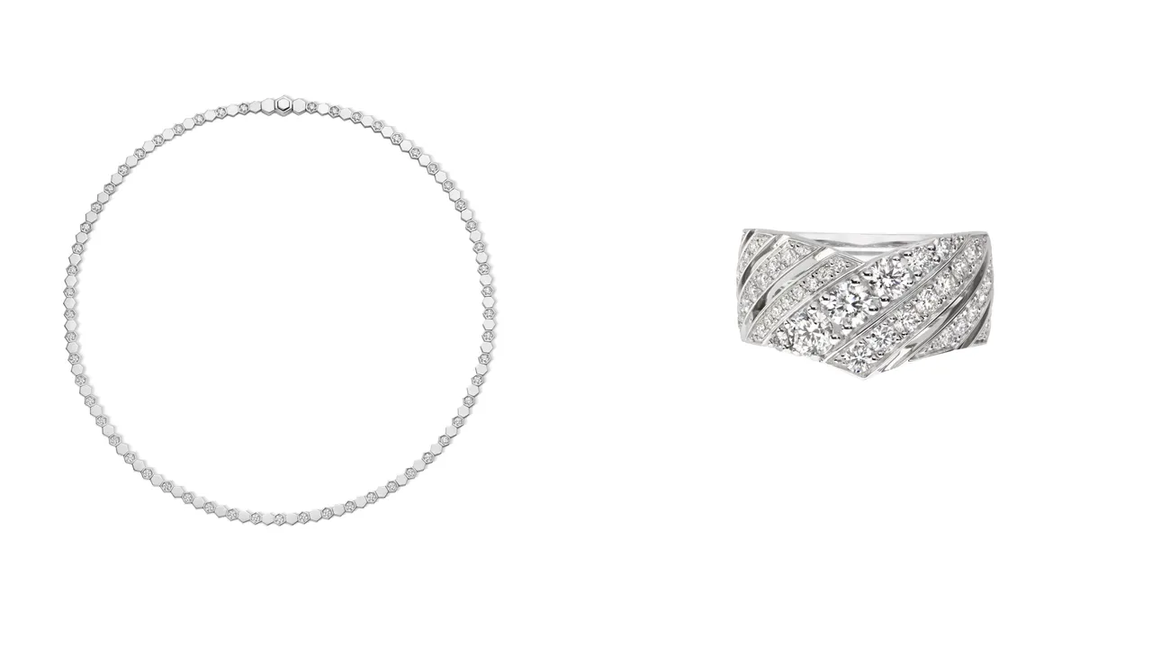 CHAUMET Bee My Love 18K白金項鍊(左)87萬8000元、Joséphine Aigrette 18K白金戒指(右)66萬5000元。品牌提供