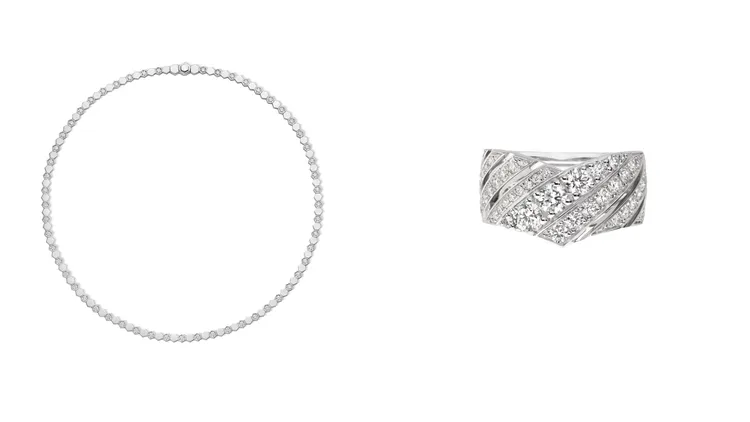 CHAUMET Bee My Love 18K白金項鍊（左）87萬8000元、Joséphine Aigrette 18K白金戒指（右）66萬5000元。品牌提供