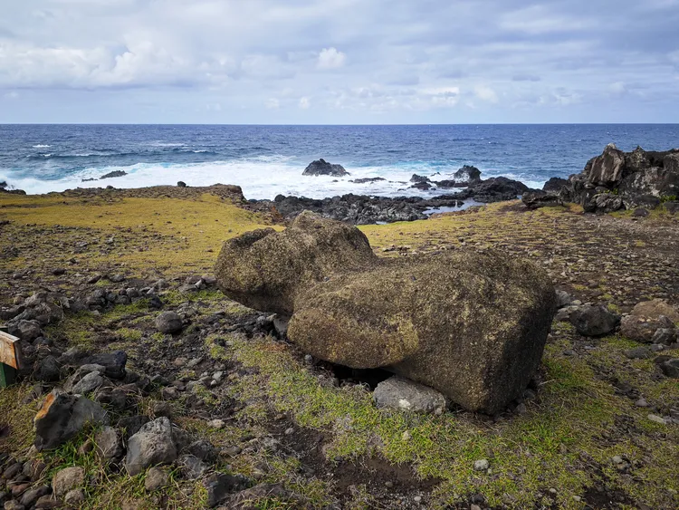島上許多摩艾在部落內戰時被推倒。田欣雲攝