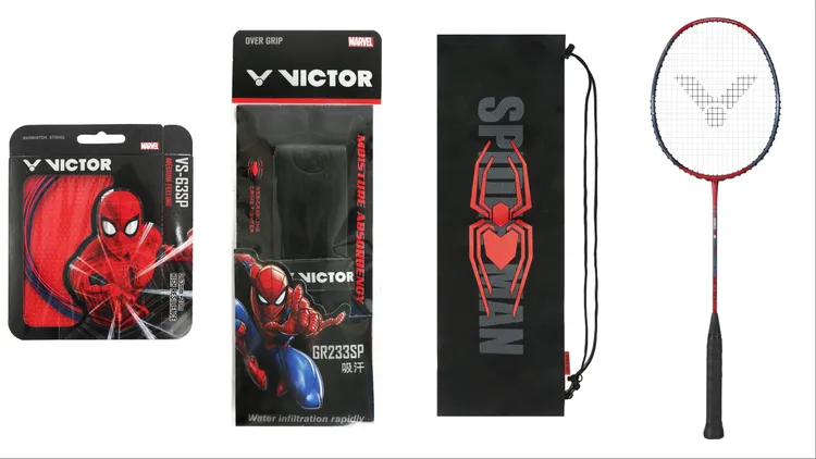 VICTOR蜘蛛人系列限量羽球拍禮盒（羽球拍、握把布、拍線、單支裝拍袋），9500元。品牌提供