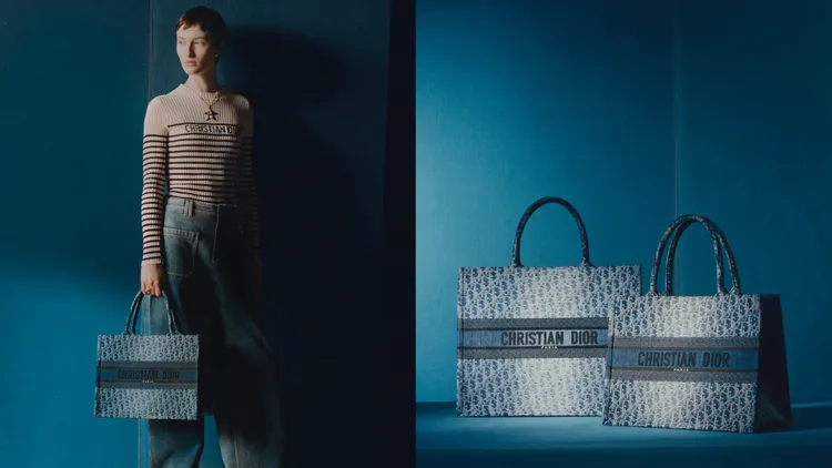 DIOR早秋Denim Oblique系列Book Tote包，中型10萬3000元、大型10萬5000元。品牌提供