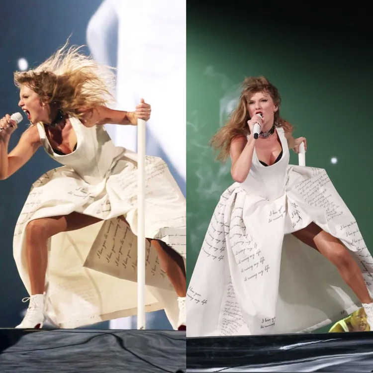 這套由Vivienne Westwood打造的白色緊身長洋裝，裙子寫上新歌歌詞，很符合新專輯主題。翻攝X @philconcerts